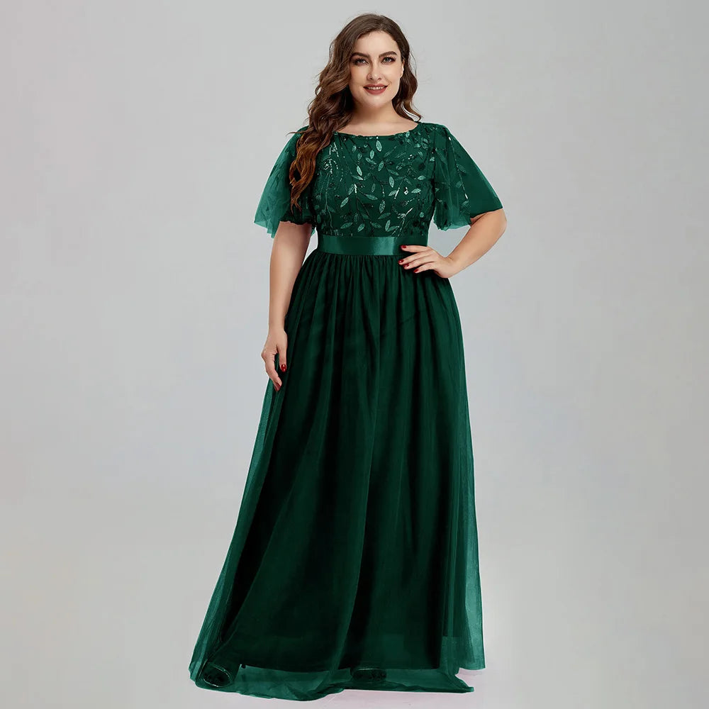 Robe de soirée grande taille en maille A-Line à paillettes brodées, robe de bal longue à feuilles avec manches pour robe de mariée 2022