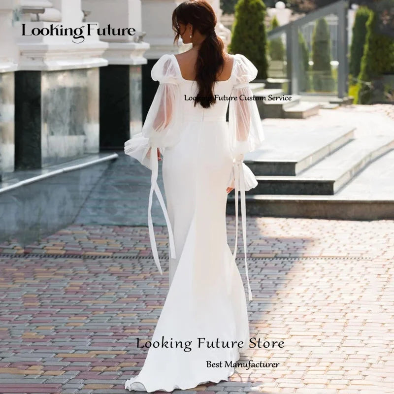 Simple White Wedding Dresses Full Puff Sleeves White Bride Dresses Sexy Backless Square Collar Illusion Formal Wedding Gowns2024