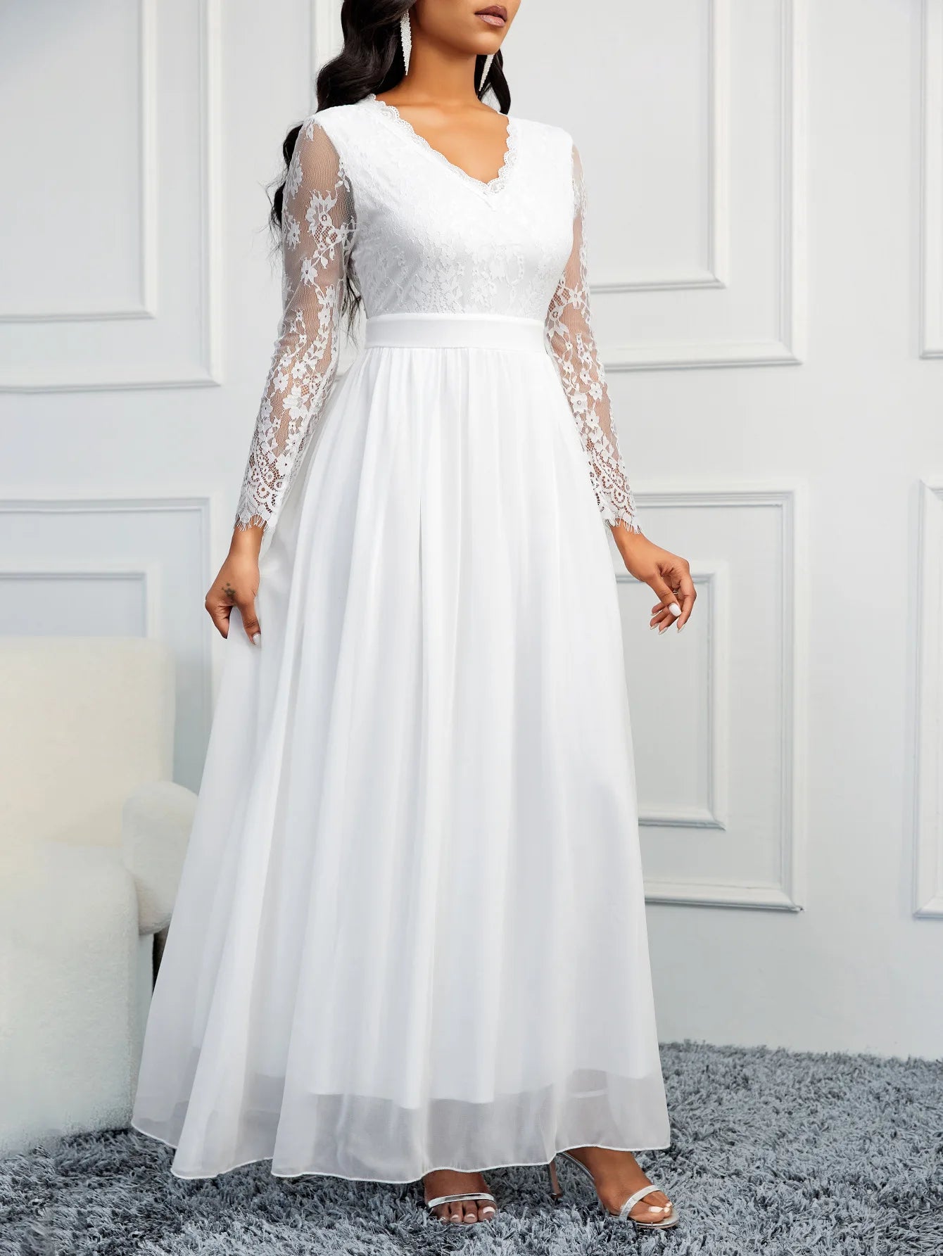 Robes de mariée élégantes col en V dos nu robe de soirée 2024 manches en tulle dentelle robe de soiréeE De Mariage robe de mariée blanche pour femmes