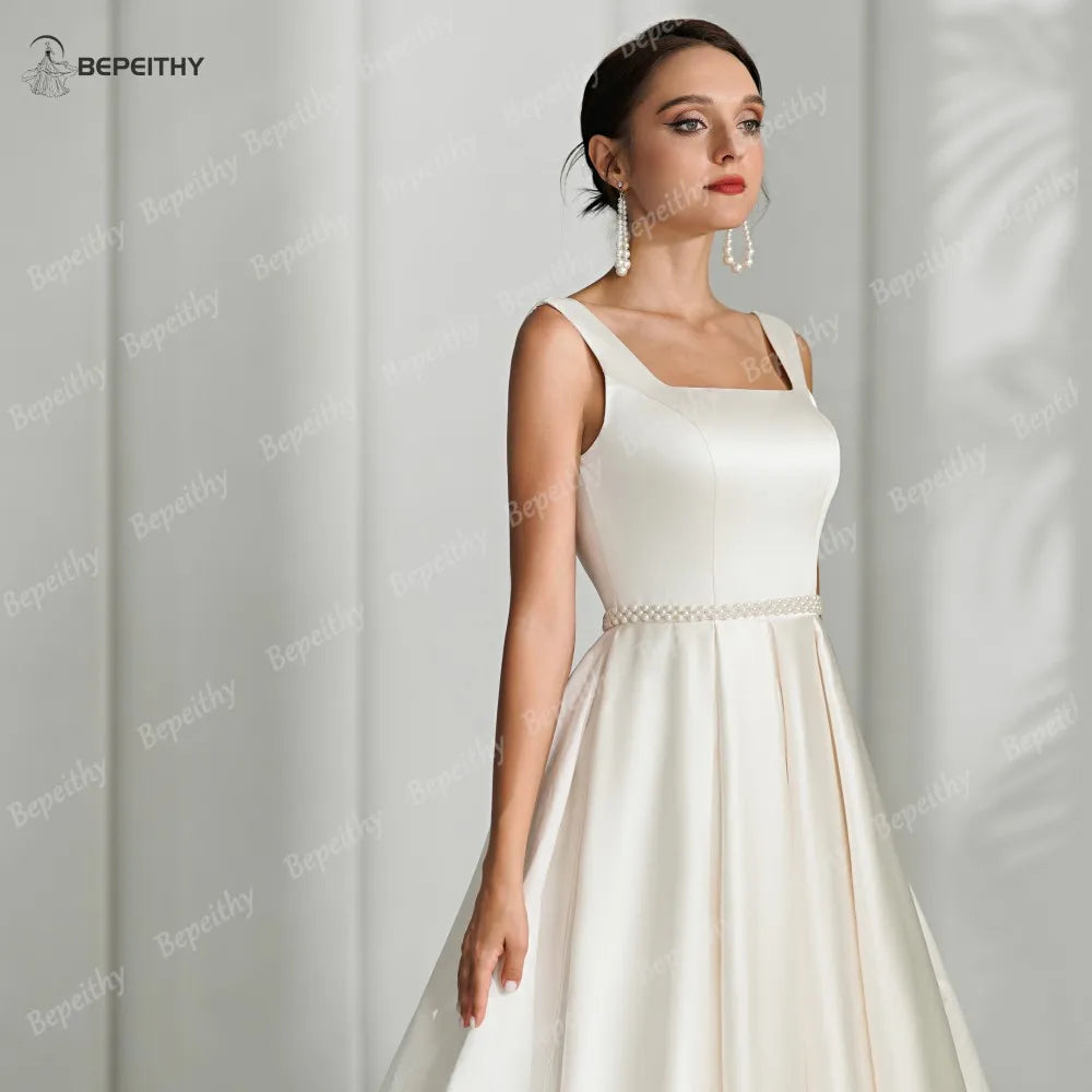 BEPEITHY 2024 Square A Line Wedding Dresses Sleeveless Sweep Train Open Back Vintage Bride Ivory Bridal Gown Vestidos De Novias