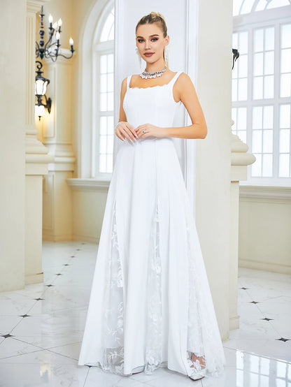 Robe de mariée sexy en dentelle blanche pour femme, longue robe à bretelles, sans manches, dos carré, coupe ajustée, robe de demoiselle d'honneur formelle