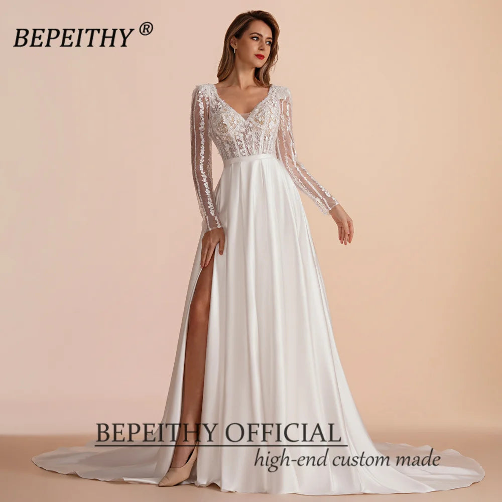 BEPEITHY Vintage Ivory V Neck Wedding Dresses For Women Spring Court Train Low Back Bride White Lace Top Bridal Boho Gown 2023