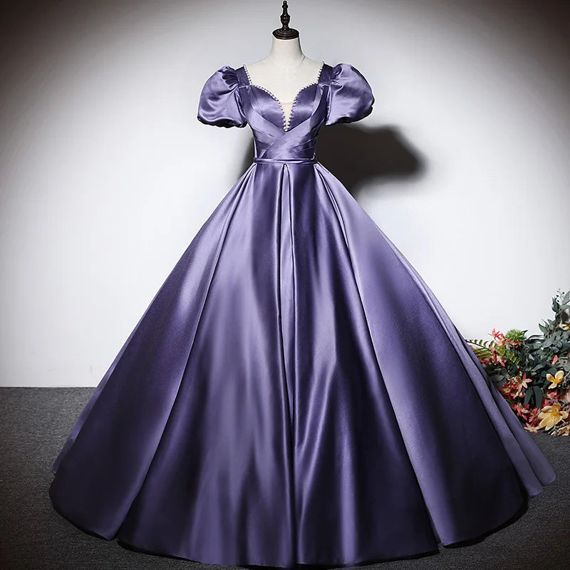 Robe de soirée en satin violet à manches courtes plissée, coupe trapèze, col en V, lacets, longueur au sol, mode, grande taille, robes de soirée pour femme XE090