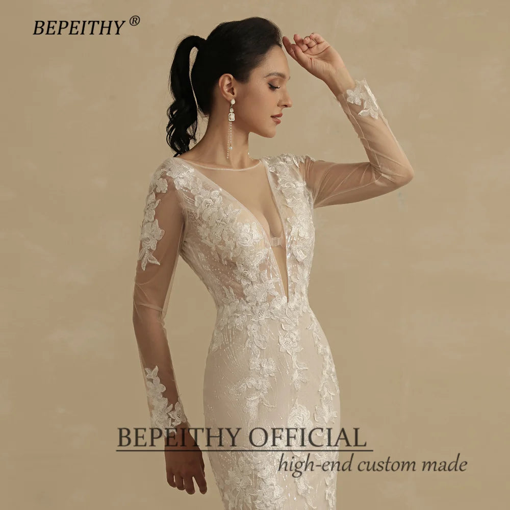 BEPEITHY Mermaid Champange Full Sleeves Lace Wedding Dresses For Women 2022 Bride Summer Sexy Open Back Bridal Boho Party Gown