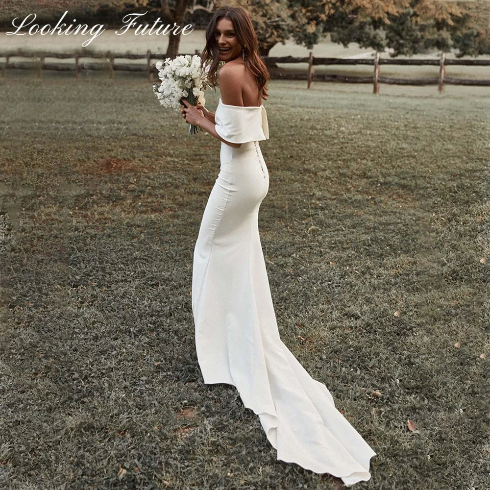 White Off Shoulder Wedding Dresses for Bride Women Mermaid Simple Boho Pleat Bridal Gowns Court Train vestidos de novia