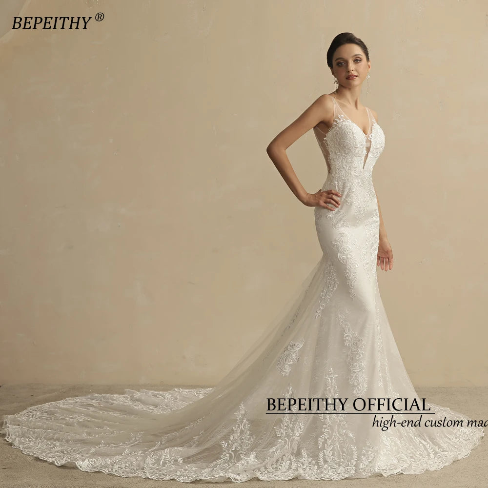 BEPEITHY Real Image Mermaid Lace Wedding Dresses For Women Court Train Sleeveless V Neck Open Back Sexy Vintage Bridal Gown