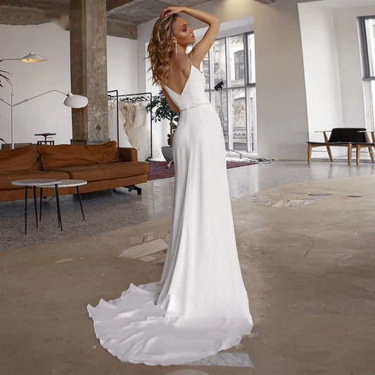 Robe de mariée en tulle à col en V et surface satinée pour femme, sexy, à fourche haute, sans manches, couleur unie, longueur de balai