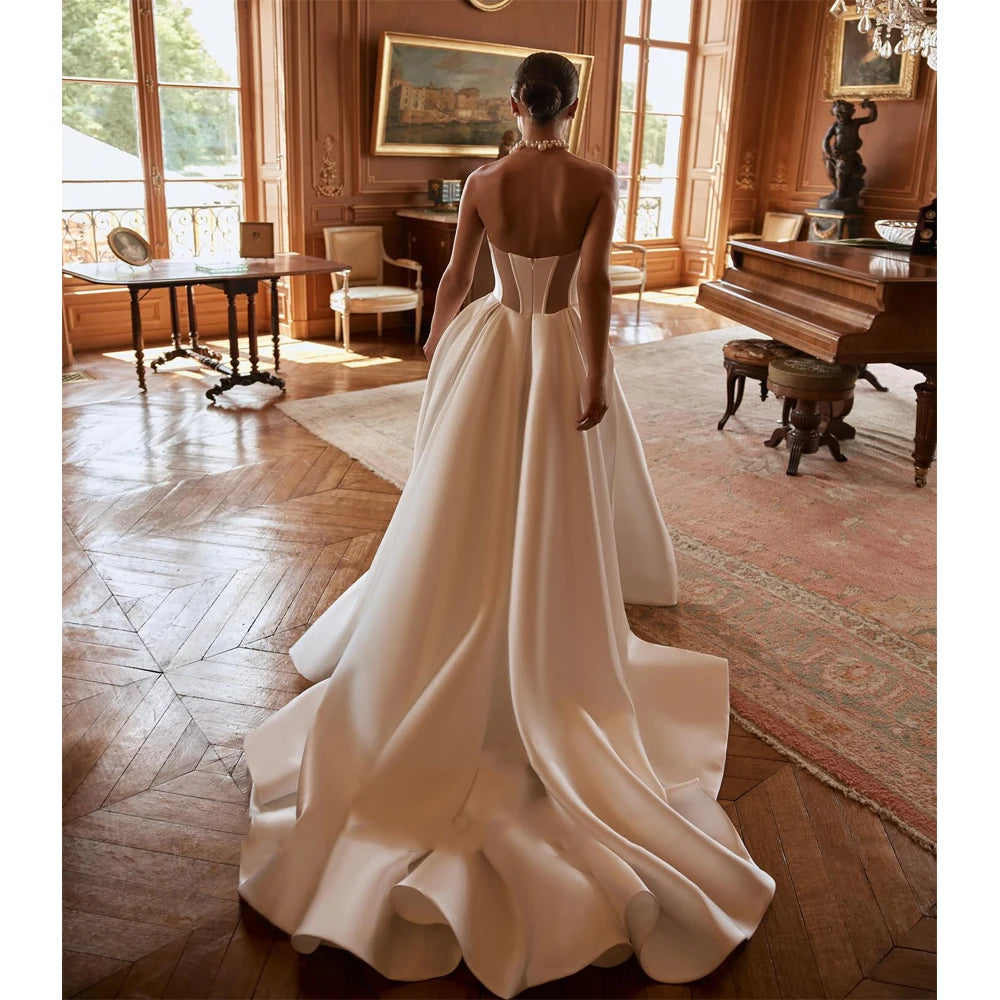 Elegant Shining Satin Wedding Dresses 2024 New High Fork A-Line Off The Shoulder Robes Party Fluffy Skirt Hem Vestidos De Novia