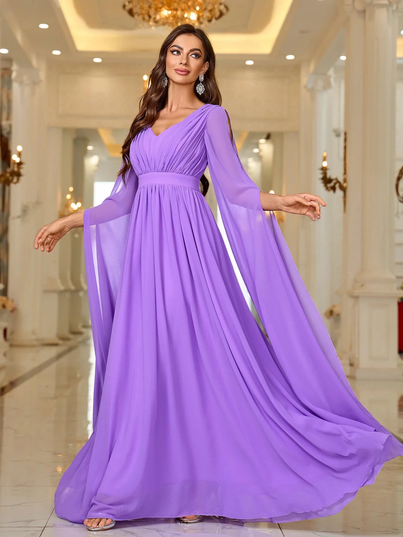 Vestidos de fiesta de boda elegantes de color morado con escote en V y capas drapeadas para baile de graduación 2024, nuevos vestidos formales para mujer, vestidos de cena formal