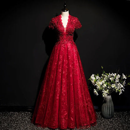 Robe de soirée à manches courtes, style empire, paillettes, imprimé floral, élégante, col en V, longueur au sol, dos nu, nouvelle collection, robes de soirée formelles pour femmes, B989