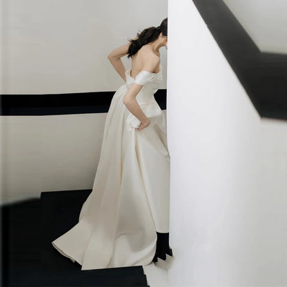 A-line Satin Wedding Dress strapless one-shoulder Short-Sleeve Plus Size For Women Princess Robe de Mariee