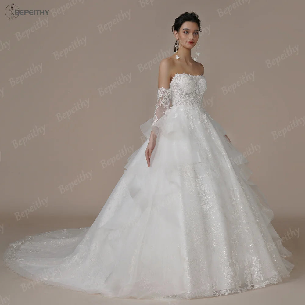 BEPEITHY Strapless A Line Glitter Wedding Dresses For Bride Sweep Train Ruffles Skirt Modern Princess Bridal Gown Ivory 2023 New