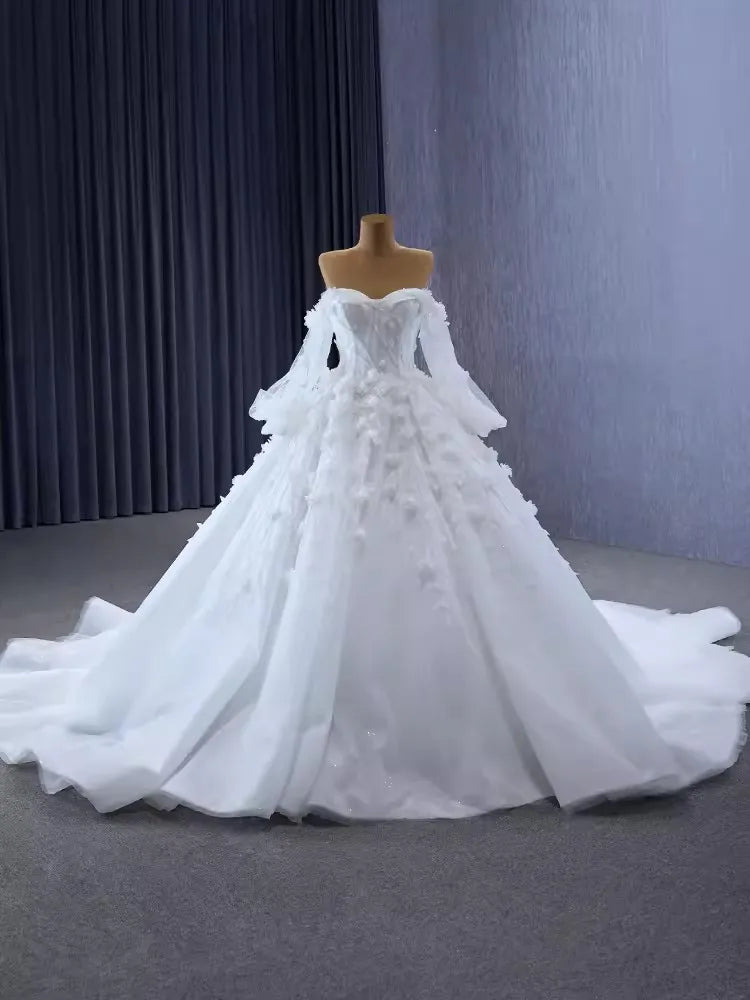 Vestidos de novia musulmanes árabes de lujo con hombros descubiertos y flores, cola capilla, vestidos de novia de graduación, vestidos novias boda, ropa de quinceañera