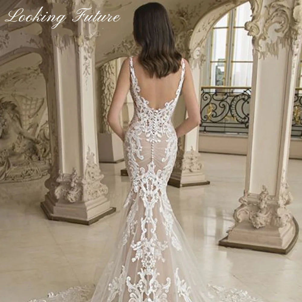 Luxury Mermaid Deep V-Neck Wedding Dresses Lace Appliques Sleeveless Sexy Bride Gown Backless Zipper Train Vestidos De Novia