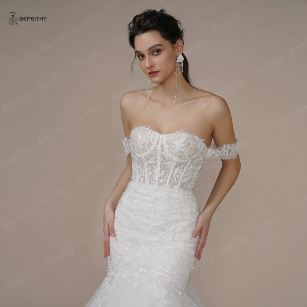 BEPEITHY Mermaid Sweetheart Ivory Wedding Dresses 2023 Off The Shoulder Sexy Court Train Vintage Boho Bridal Gown 2023 Vestidos