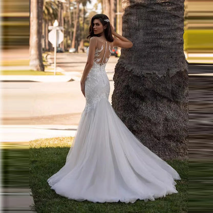 Vestidos de novia bohemios de sirena sin mangas con escote en V, elegantes vestidos de novia con apliques de encaje y espalda abierta sexy