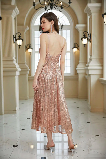 Sexy Wedding Guest Dress 2024 Women's Rose Gold Open Back Slim Fit Tank Top Sleeveless Party Famous Cocktail Party Dress