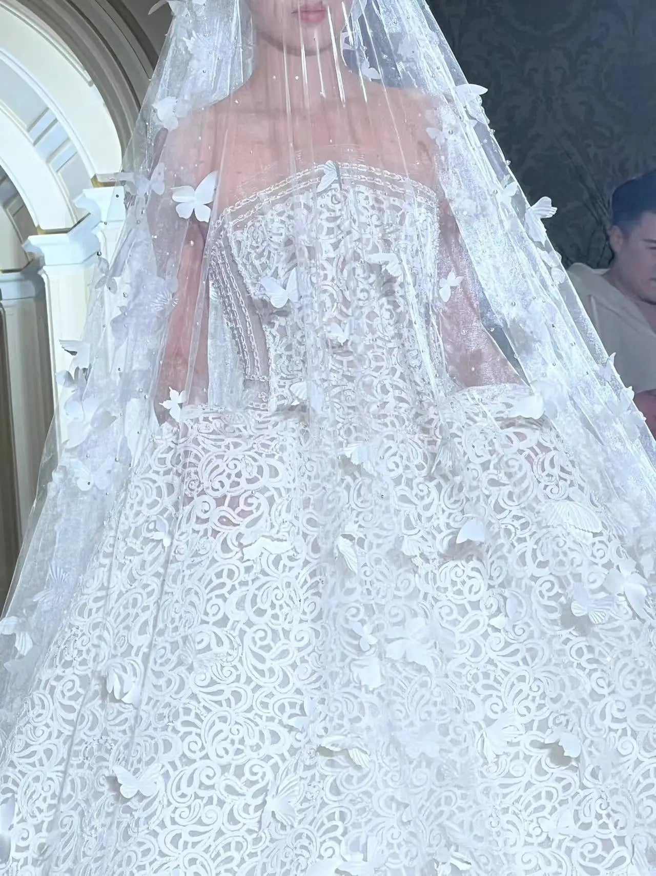 Voile papillon blanc de mariée robe de mariée principale série forestière voile traînant super long de luxe à perles lourdes