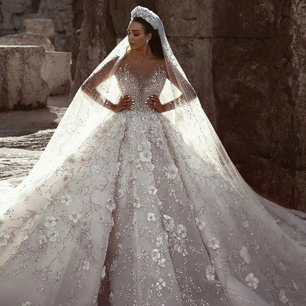 Robe de mariée de luxe en dentelle, Design dubaï Royal, manches longues, avec des appliques de fleurs en cristal