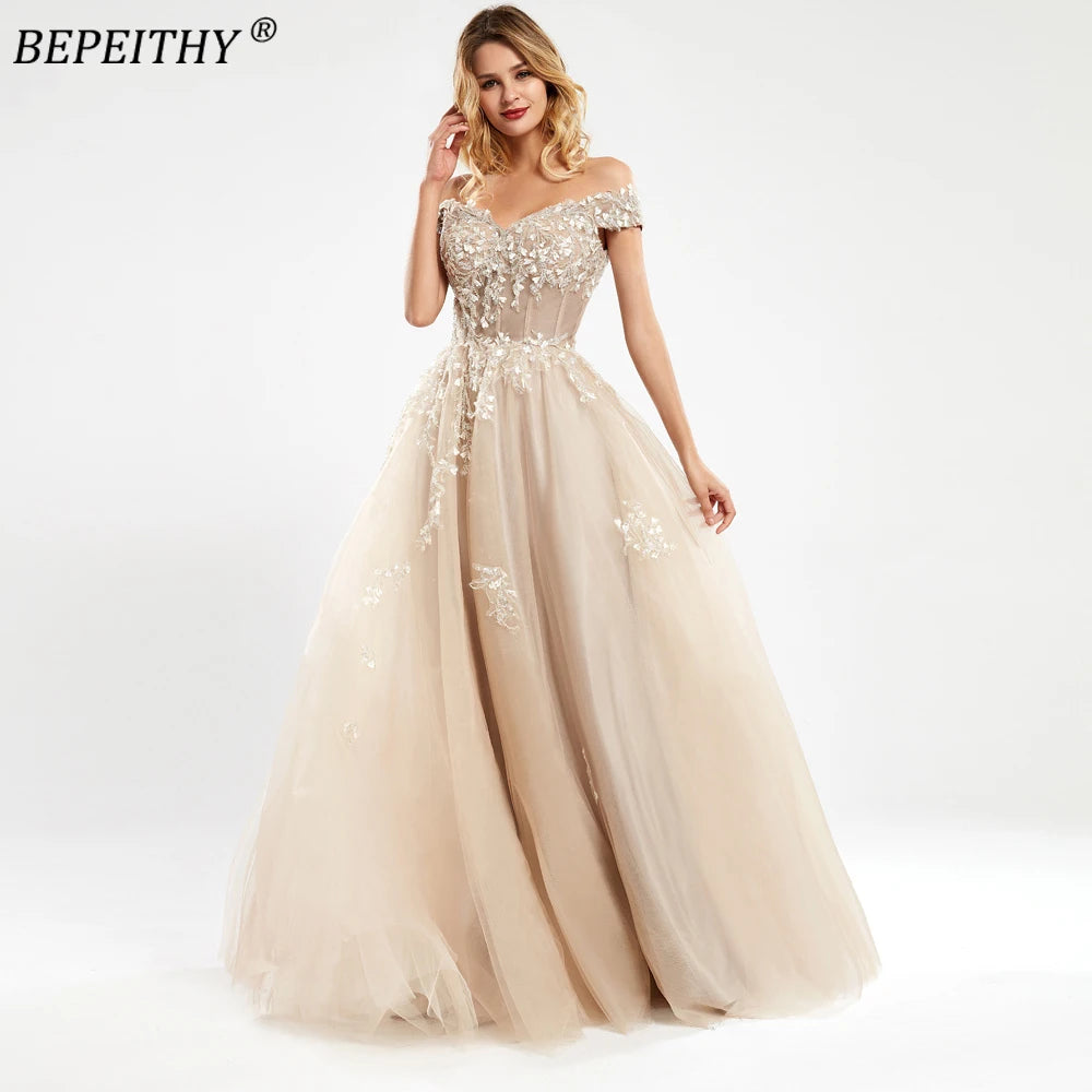 BEPEITHY Off The Shoulder Lace Evening Dresses Long For Women 2023 Champange A-Line Sleeveles Prom Gown Reception Elegant