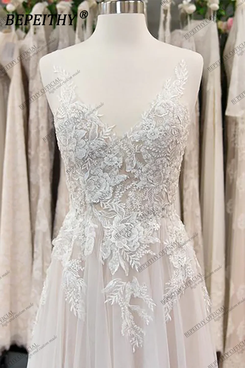 BEPEITHY Robe de soirée de mariage en dentelle ivoire avec corsage en ligne A 2023 pour femmes, robe de mariée sans manches, longueur au sol, style Boho, blanche