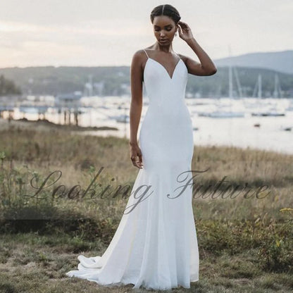 Beach Mermaid Wedding Dress Simple Bridal Dresses Spaghetti Straps Backless Elegant Boho Bride Gown Cheap White Vestido De Noiva