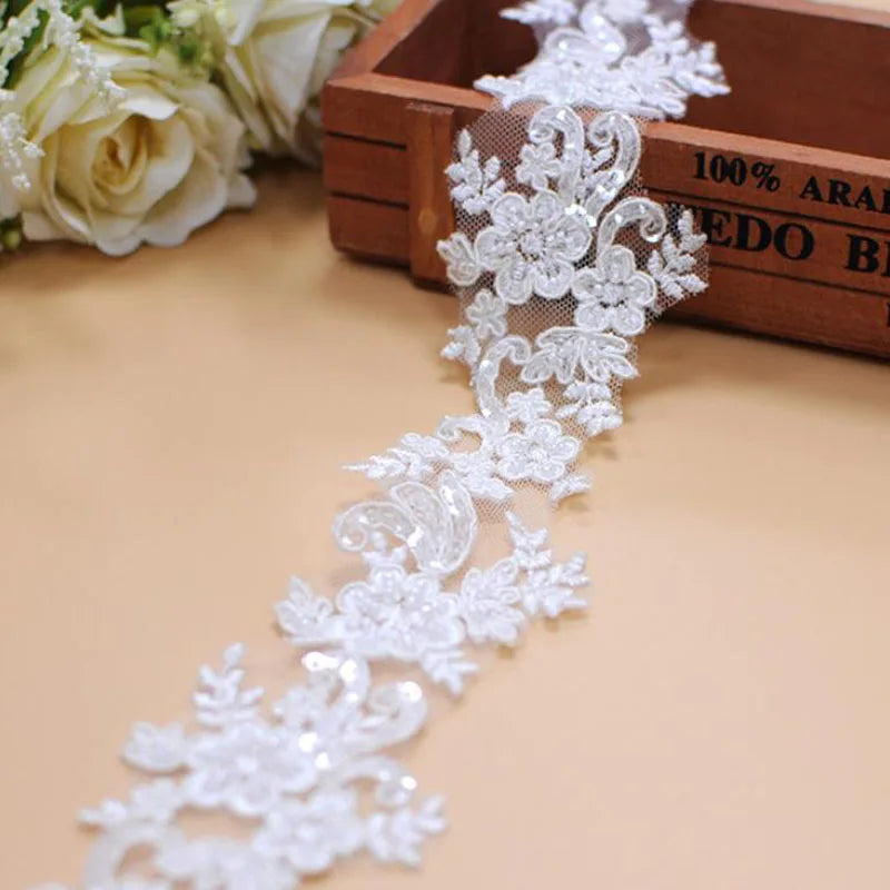 1 Yard Embroidery Lace Fabric Appliques For Wedding Dresses Rhinestone 6CM Wide