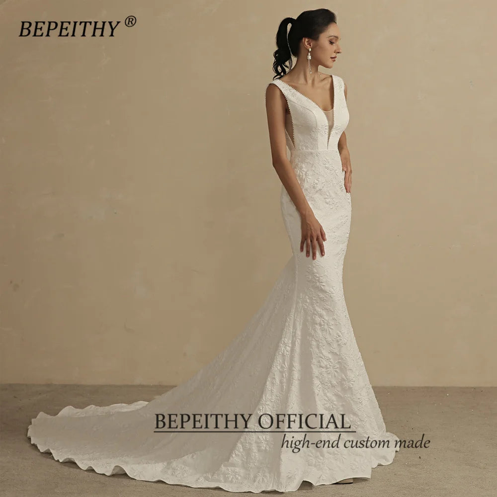 BEPEITHY Sexy Deep Pearls V Neck Mermaid Wedding Dresses For Women 2023 Court Train Ivory Embossing Bridal Gowns Open Back New