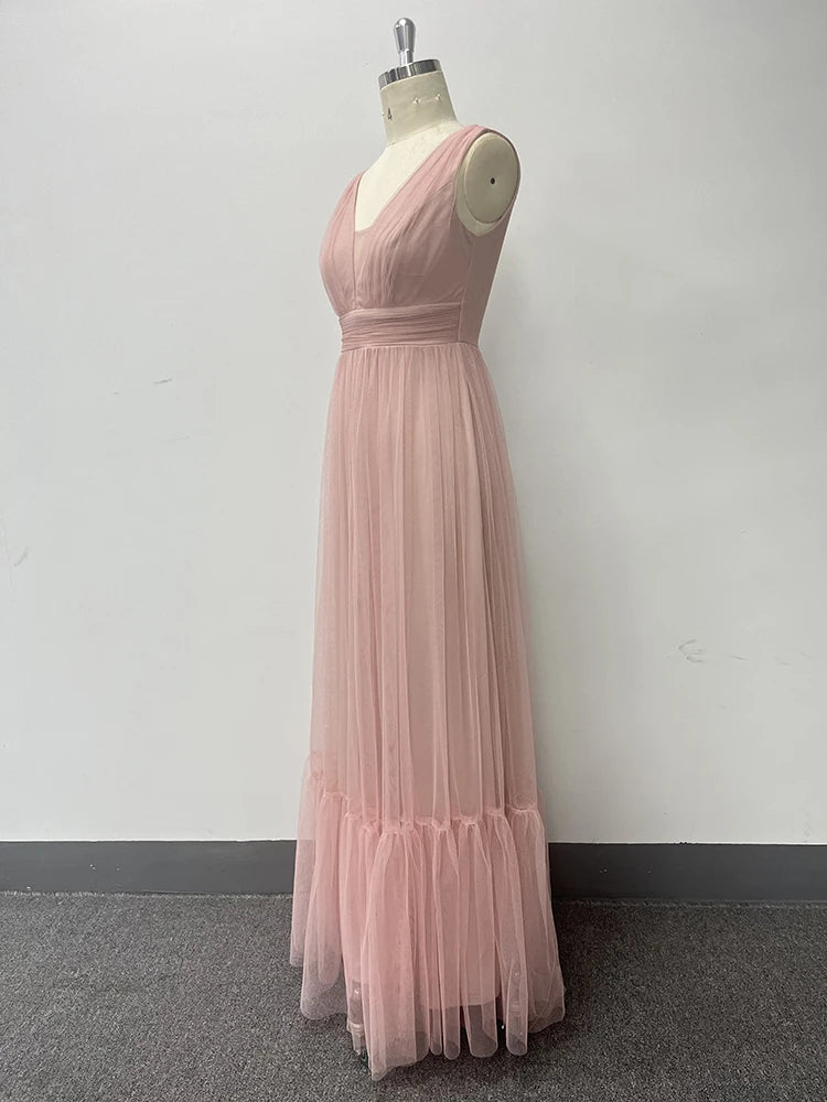 Robe de soirée élégante en tulle sans manches à col en V pour femme, nouvelle collection, coupe trapèze, en gaze moelleuse, robe de soirée de demoiselle d'honneur de mariage