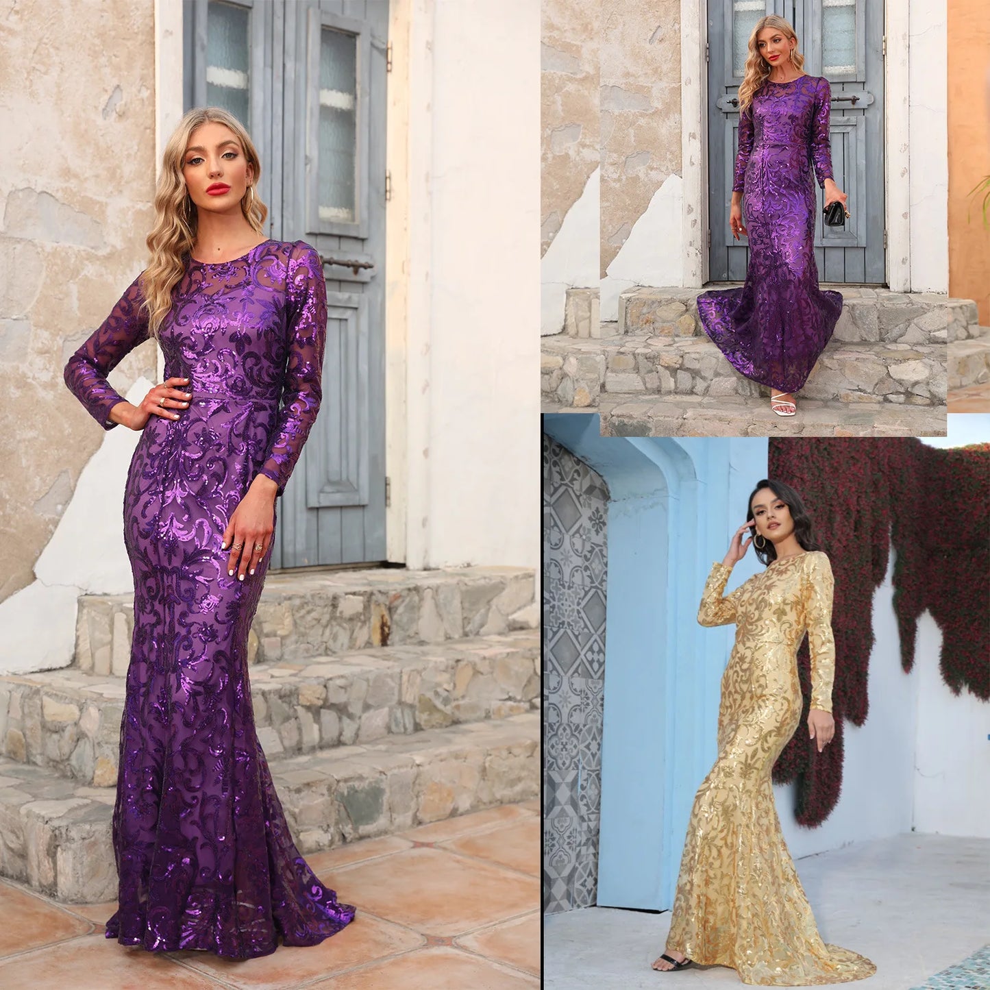 2024 Long sleeves women's formal prom evening dress sequined gold long wedding party dress Ceremony Dress mother's formal dress