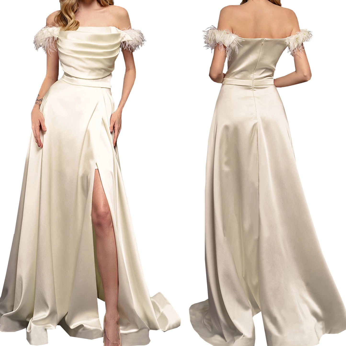 Robe de mariée blanche rétro de luxe élégante pour femme 2024 automne nouvelle mode sexy slim fit épaules dénudées plumes fête mariage