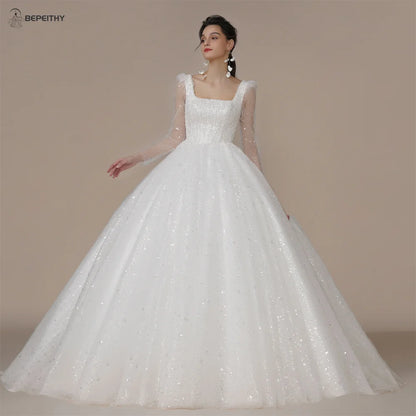 BEPEITHY Princess Glitter Vintage Wedding Dresses For Women Sleeveless Beading Bow Bride Boho Bridal Gown Detachable Flow