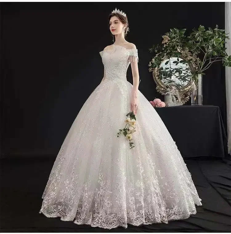 Wedding Dresses Illusion Boat Neck Short Sequined Embroidery Off The Shoulder Backless Tulle Lace Luxury Women Bride Gown GB282