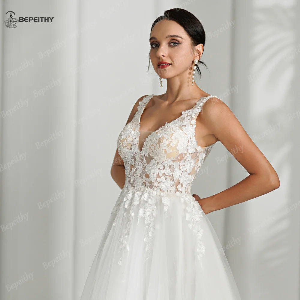 BEPEITHY V Neck Boho Ivory Wedding Dresses For Women Sleeveless Lace Top A Line Sexy Backless Bride Bridal Gown 2024 Vestidos