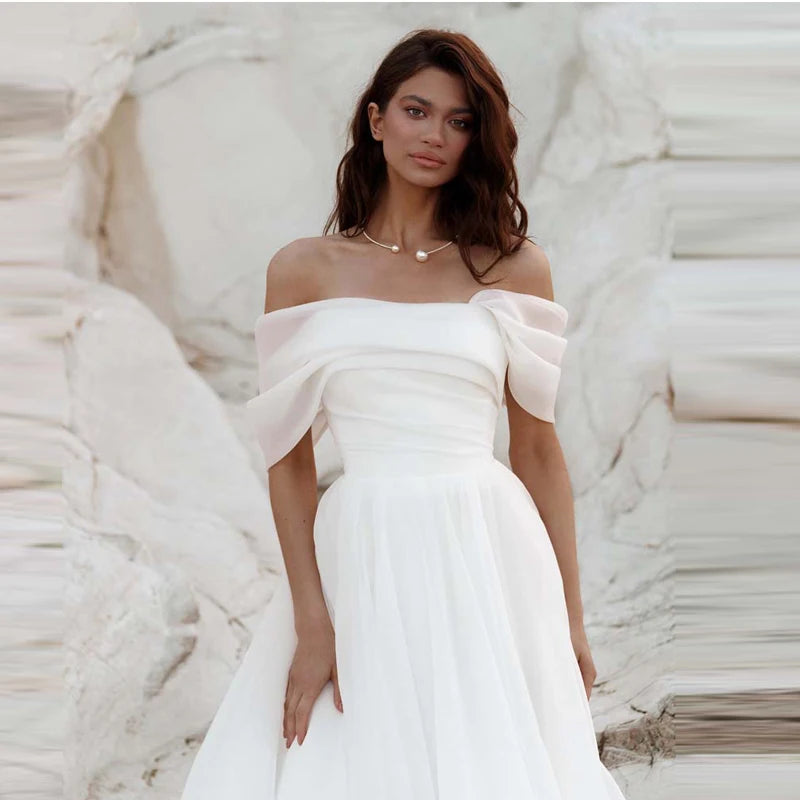 Robe de mariée blanche simple et élégante à manches courtes, épaules dénudées, classique, sans bretelles, avec nœud, style corset personnalisé pour mariage