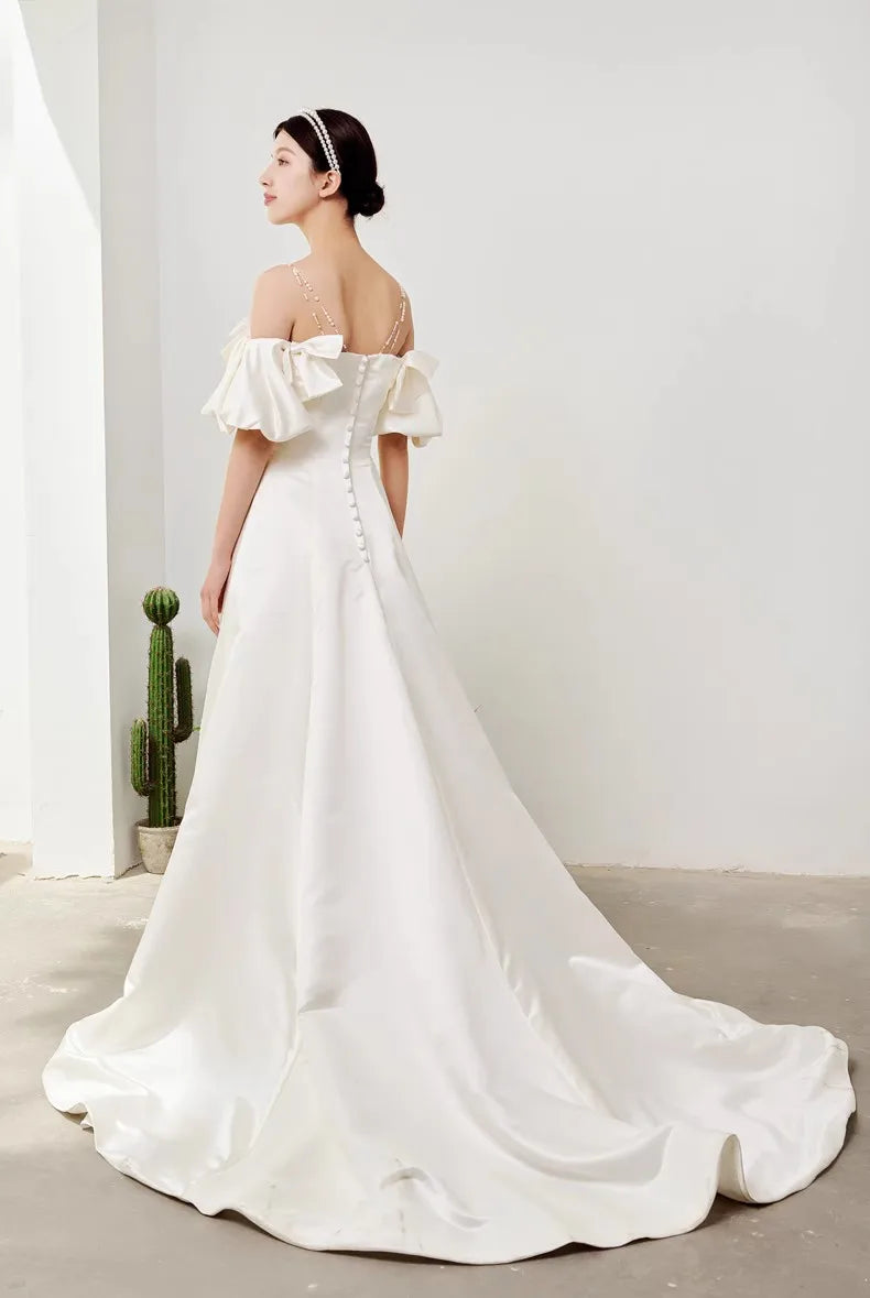 Vestidos de novia de satén con hombros descubiertos, corte A, mangas largas, vestido de novia elegante con hombros cortos, talla grande