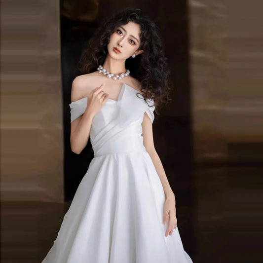 Vestido de novia de satén con corte A, hombros descubiertos, espalda transparente, manga corta, talla grande para mujer, estilo princesa Robe de Mariee