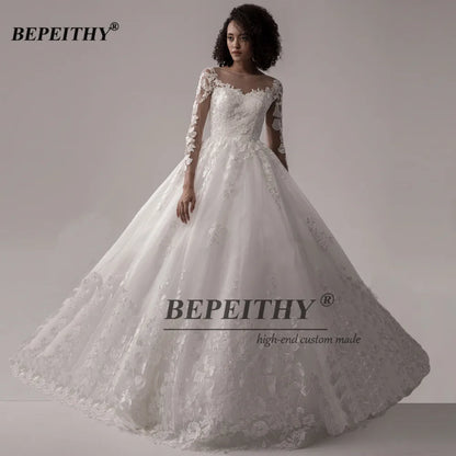 BEPEITHY Vintage Lace Wedding Dresses For Women 2023 Full Sleeves Princess Bridal Gowns Elegant Court Train Scoop Bride Dress