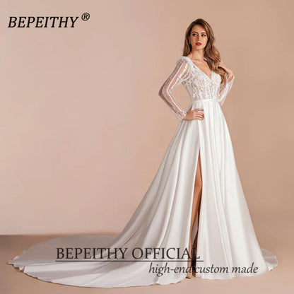 BEPEITHY Vintage Ivory V Neck Wedding Dresses For Women Spring Court Train Low Back Bride White Lace Top Bridal Boho Gown 2023