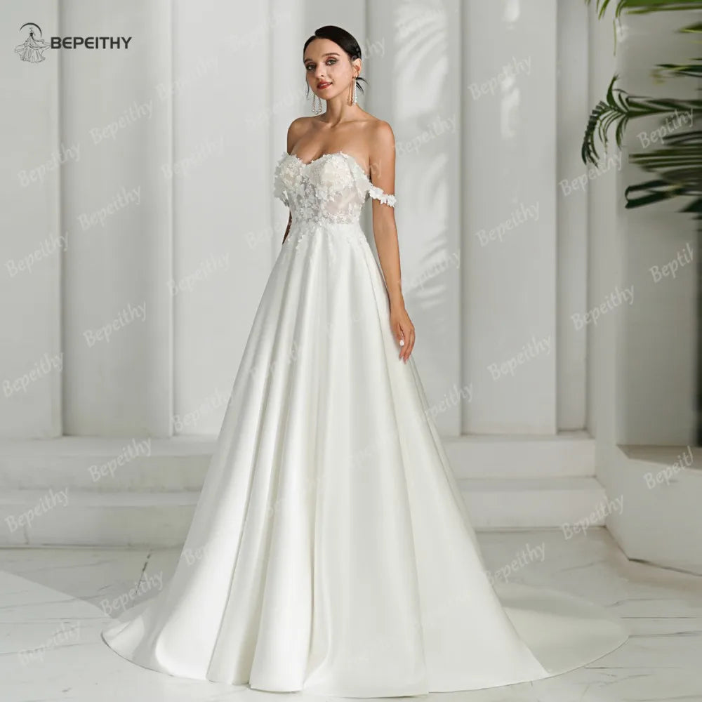 BEPEITHY A line Sweetheart Lace Civil Wedding Dresses Sleeveless Sweep Train Ivory Bride Bridal Gown Vestidos De Novia For Women