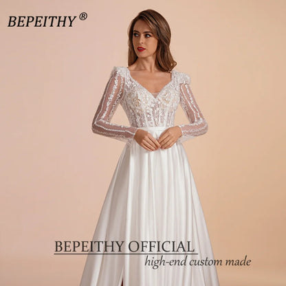 BEPEITHY Vintage Ivory V Neck Wedding Dresses For Women Spring Court Train Low Back Bride White Lace Top Bridal Boho Gown 2023