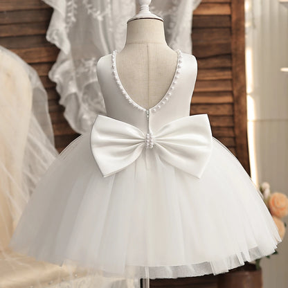 Flower Girl Dresses for Wedding Kids Lace Backless Tulle Tutu  Princess Prom Party Clothes Baby 1st Birthday Baptism White Dress