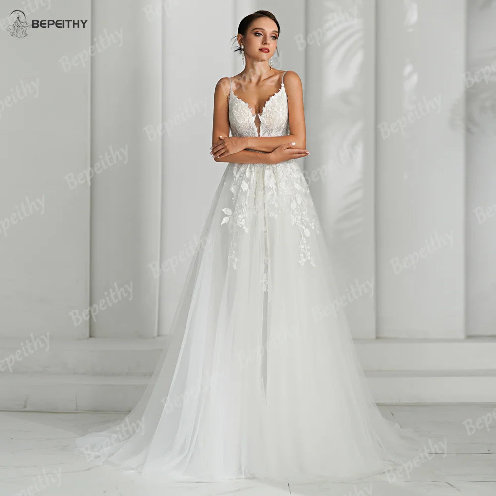 BEPEITHY Sexy Deep V Neck Lace Bride Ivory Wedding Dresses For Women 2024 Sleeveless Sweep Train Boho Beach Wedding Party Gown