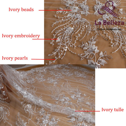 Tissu brodé en perles de riz blanc ivoire, 1 mètre, pour robe de mariée, imitation de fleurs et feuilles