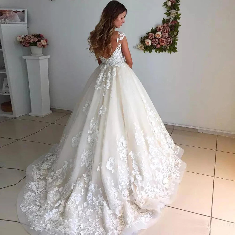 BEPEITHY O Neck Ball Gown Wedding Dresses For Women 2023 Lace Bodice Sleeveless Court Train Bridal Dresses Vestido De Novia Robe