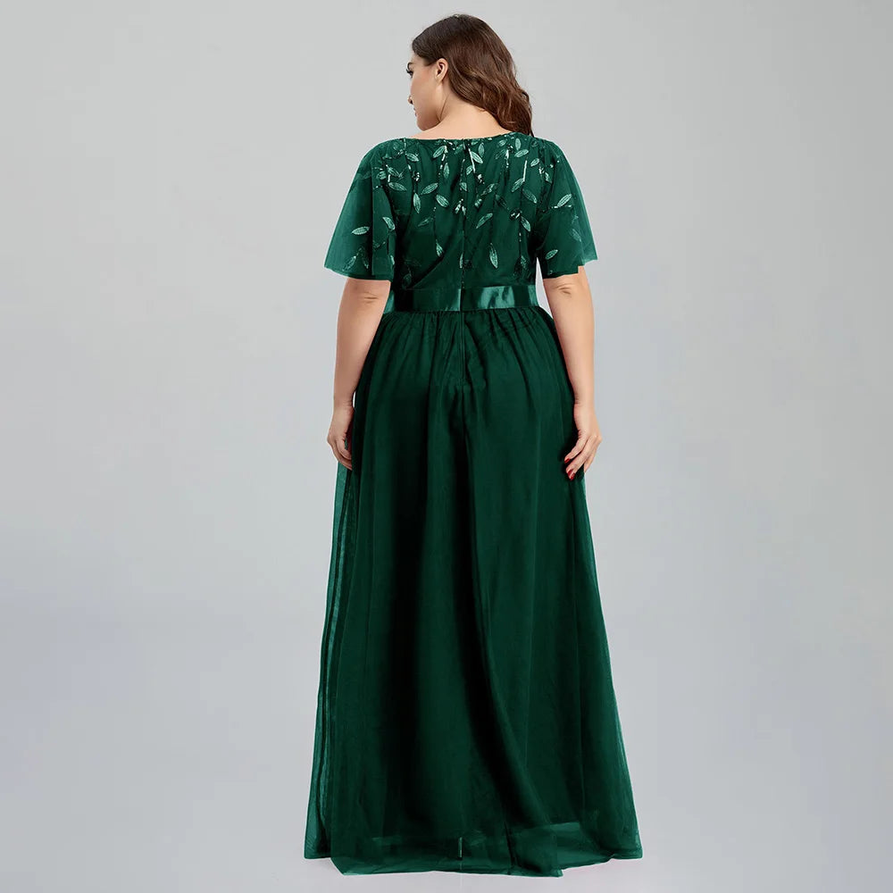 Robe de soirée grande taille en maille A-Line à paillettes brodées, robe de bal longue à feuilles avec manches pour robe de mariée 2022