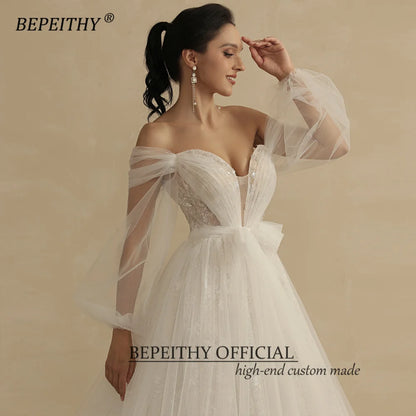 BEPEITHY Lovely A Line Lace Wedding Dress For Women 2023 Bride Off The Shoulder V Neck Puffy Sleeves Wedding Dresses Bridal