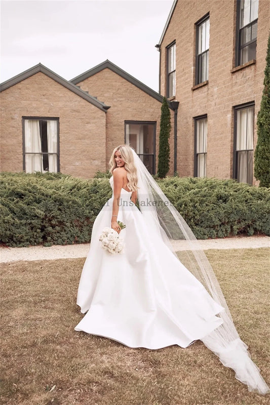 Elegantes vestidos de novia de satén con abertura alta, vestido de novia plisado, vestido de novia de princesa, vestidos de novia baratos, corte A