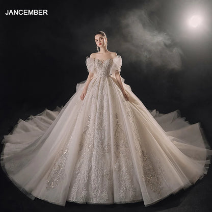 Jancember Vestidos de novia románticos de primera calidad para mujer Organza Escote barco Mangas cortas Lentejuelas Cola capilla Vestido de novia