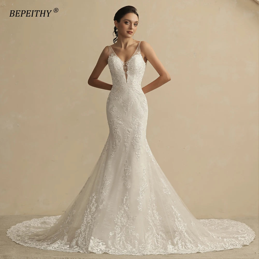 BEPEITHY Exquisite Princess Glitter Wedding Dresses For Women 2022 Bride Ivory Full Sleeves Open Back Shinny Ball Bridal Gowns